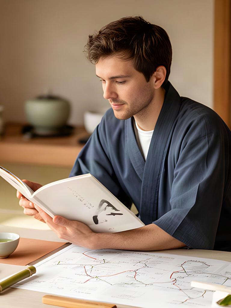 Danraj Schnitger examining a Japanese tea ceremony guide in a quiet planning studio