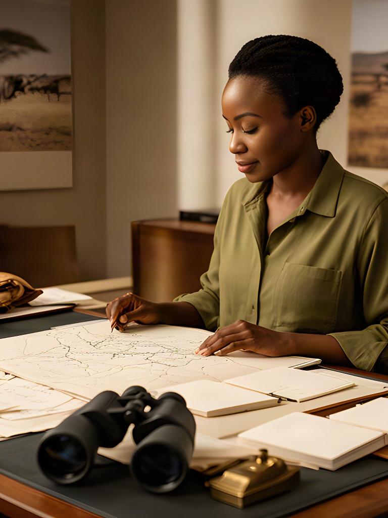 Helina Jibriil studying a safari route map at a desk with field notes and binoculars