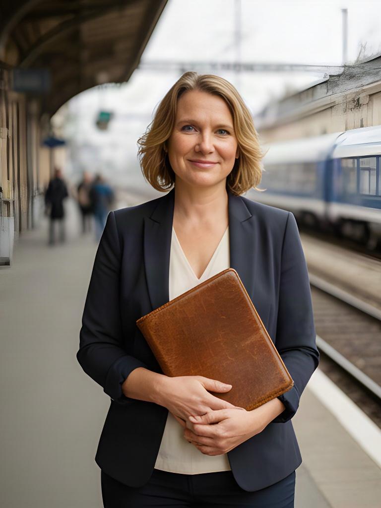 Sarah Charnock standing beside a European railway platform with a leather travel notebook