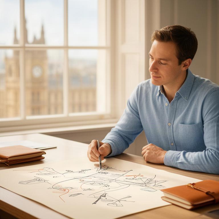 Travel adviser reviewing a hand-drawn itinerary beside a sunlit London window