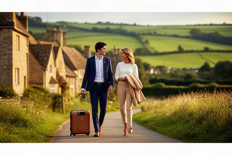 Professional couple leaving a London meeting for a relaxed Cotswolds countryside weekend