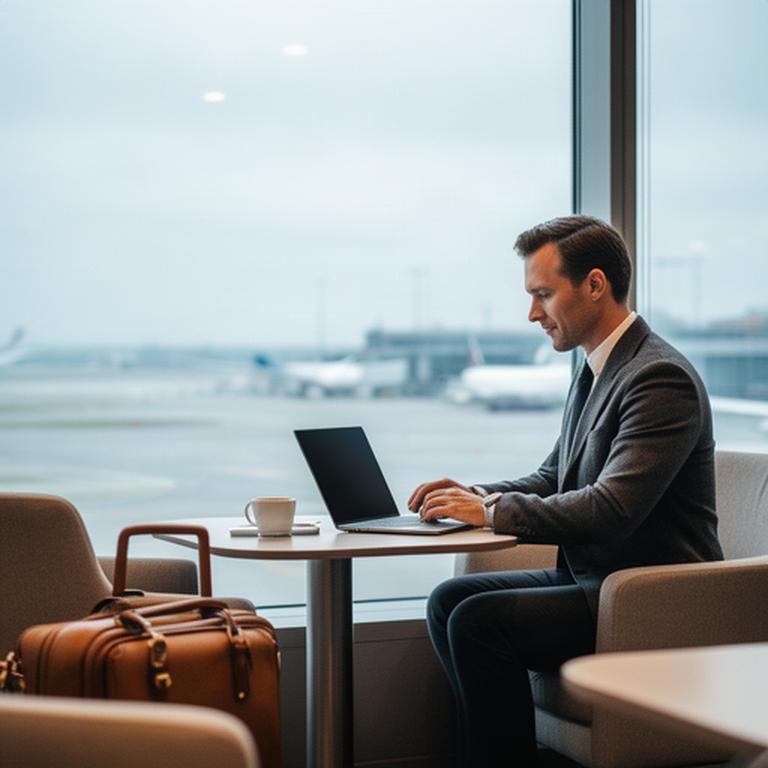 Executive traveller working beside a window in a calm London airport lounge
