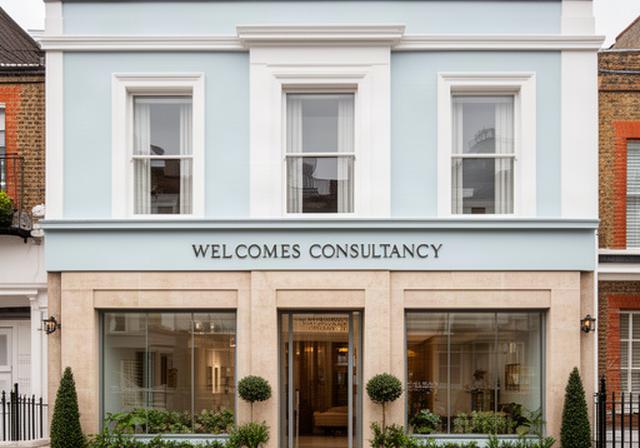 Elegant travel consultancy office front near Kensington Palace Gardens in London