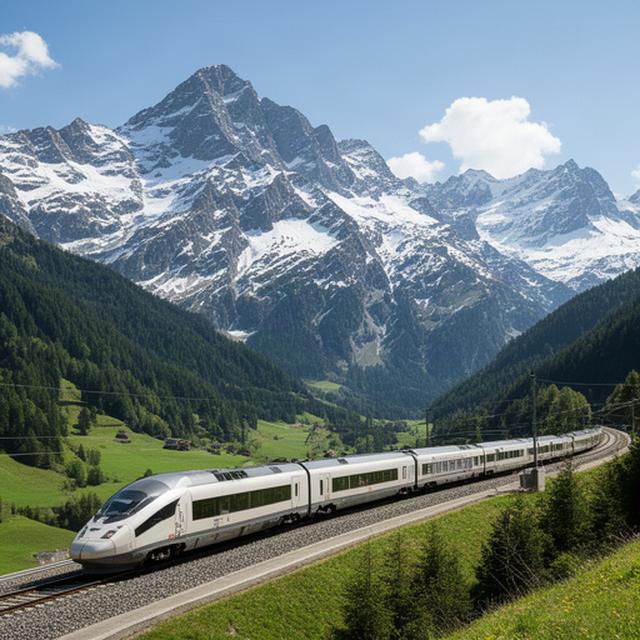 Modern European train passing snow-dusted Alpine peaks beneath a clear blue sky