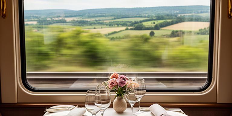 Elegant French dining table beside a railway window on a Paris to Lyon trip