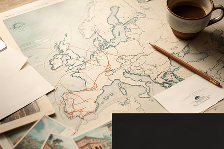 Hand-drawn European map with route lines, postcards and a coffee cup on a planning table