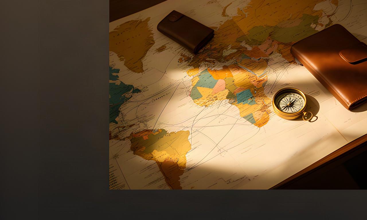 Warm abstract world map on a travel desk beside a leather notebook and brass compass