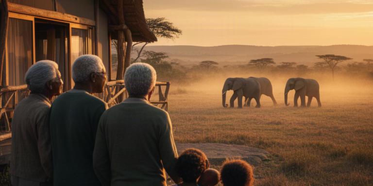 Family watching elephants beside a Kenyan conservation lodge at sunset