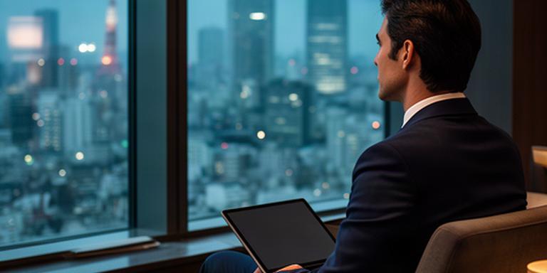 Business traveller viewing Tokyo skyline from a quiet hotel lounge after a conference