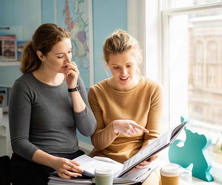 Two London travel consultants reviewing an itinerary beside a bright office window