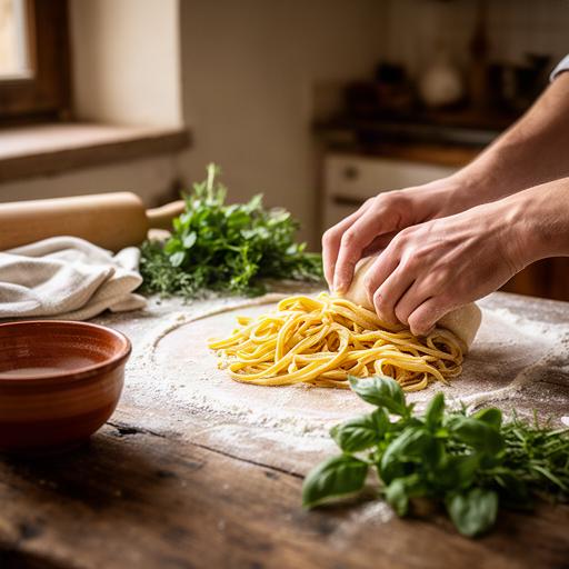 Hands shaping fresh pasta beside herbs in a rural Italian kitchen
