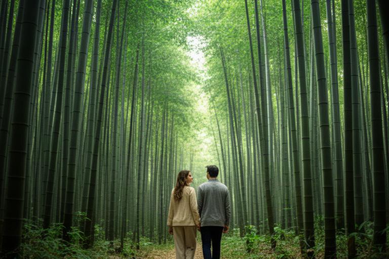 Couple walking through a green bamboo forest in Kyoto