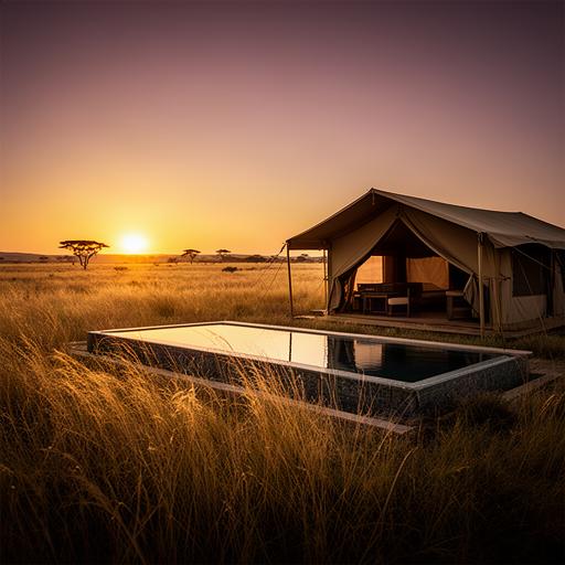 Canvas safari tent with a plunge pool beside golden grassland at sunset