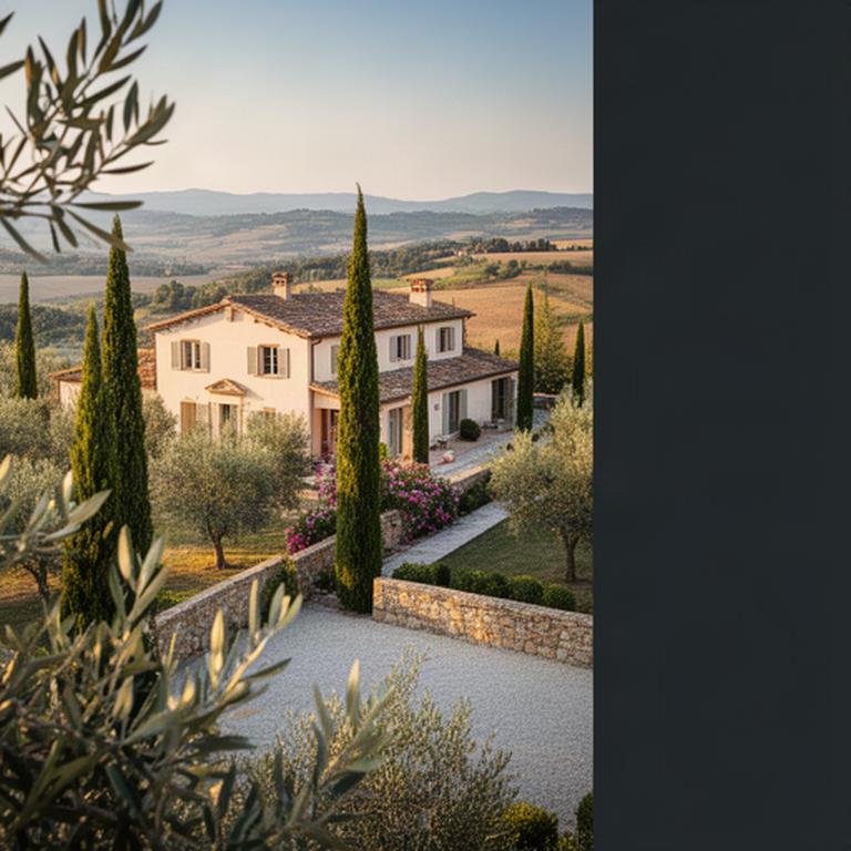 Sunlit Tuscan villa surrounded by cypress trees and olive groves