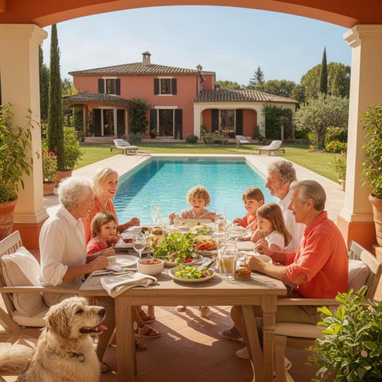 Multi-generational family sharing lunch on a sunny villa terrace beside a private pool