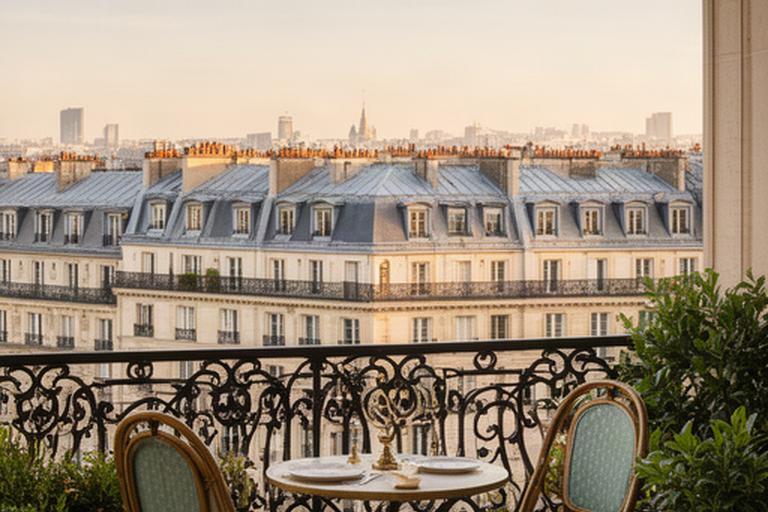 Elegant Parisian apartment balcony overlooking historic rooftops