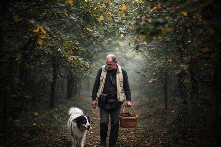 Truffle hunter and dog walking through hazel woodland in Piedmont