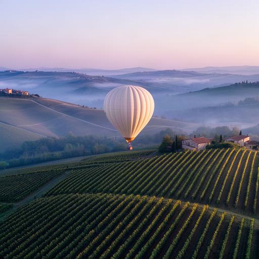 Hot-air balloon floating above Piedmont vineyards in early morning light