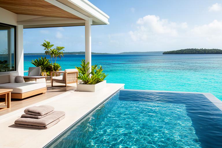 Private island villa terrace with a plunge pool above clear blue water