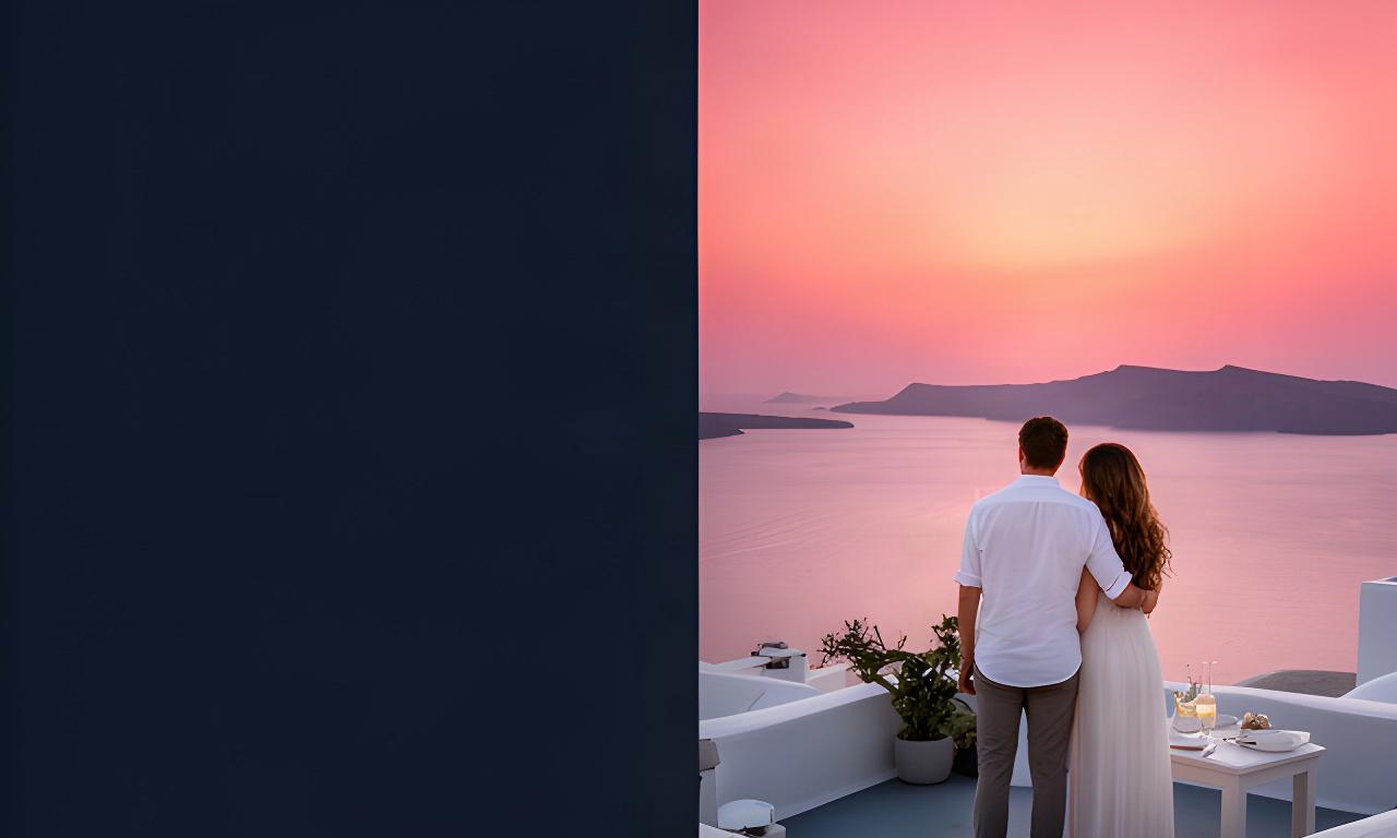 Couple watching a pink sunset from a quiet Greek island terrace