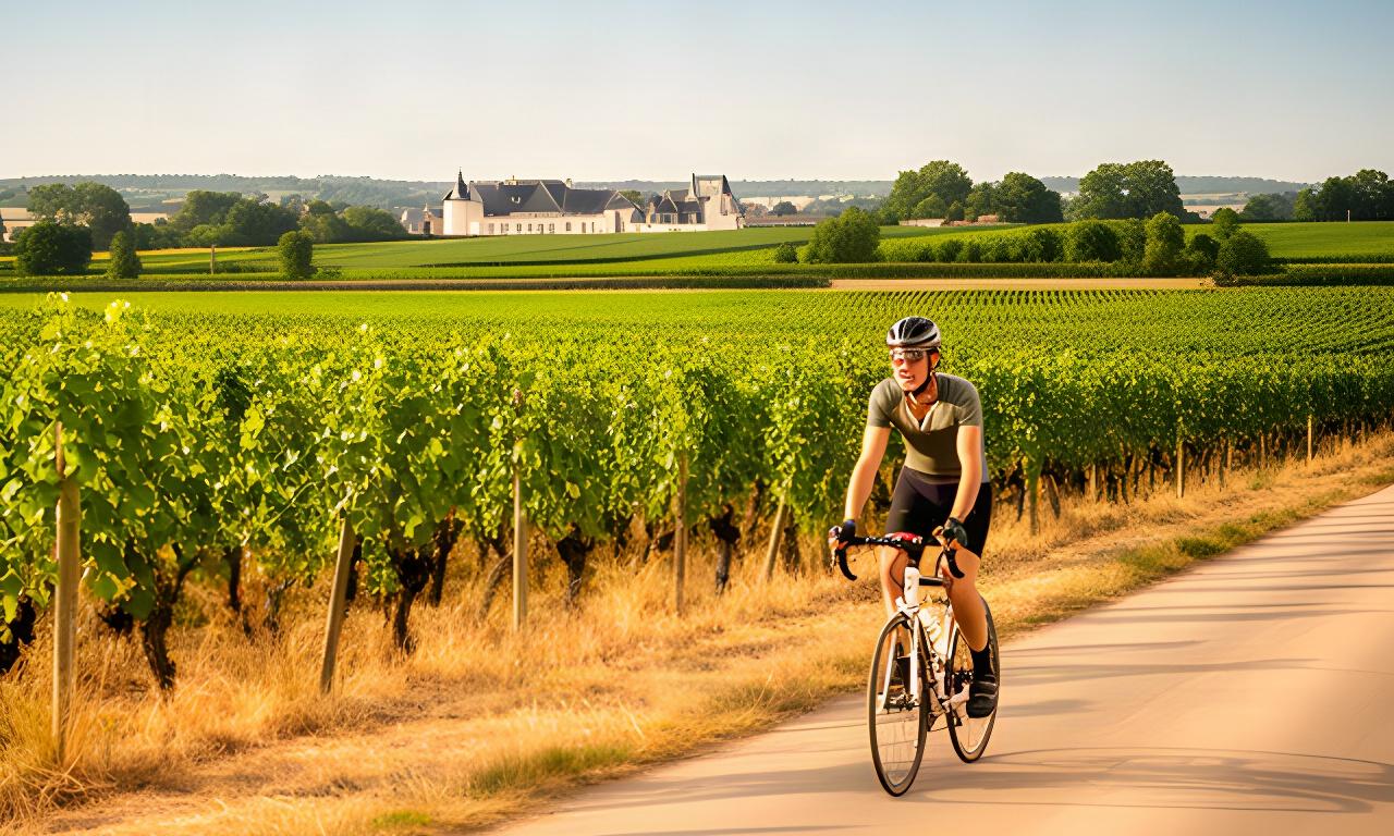 Cyclist riding between Loire Valley vineyards on a sunny country lane
