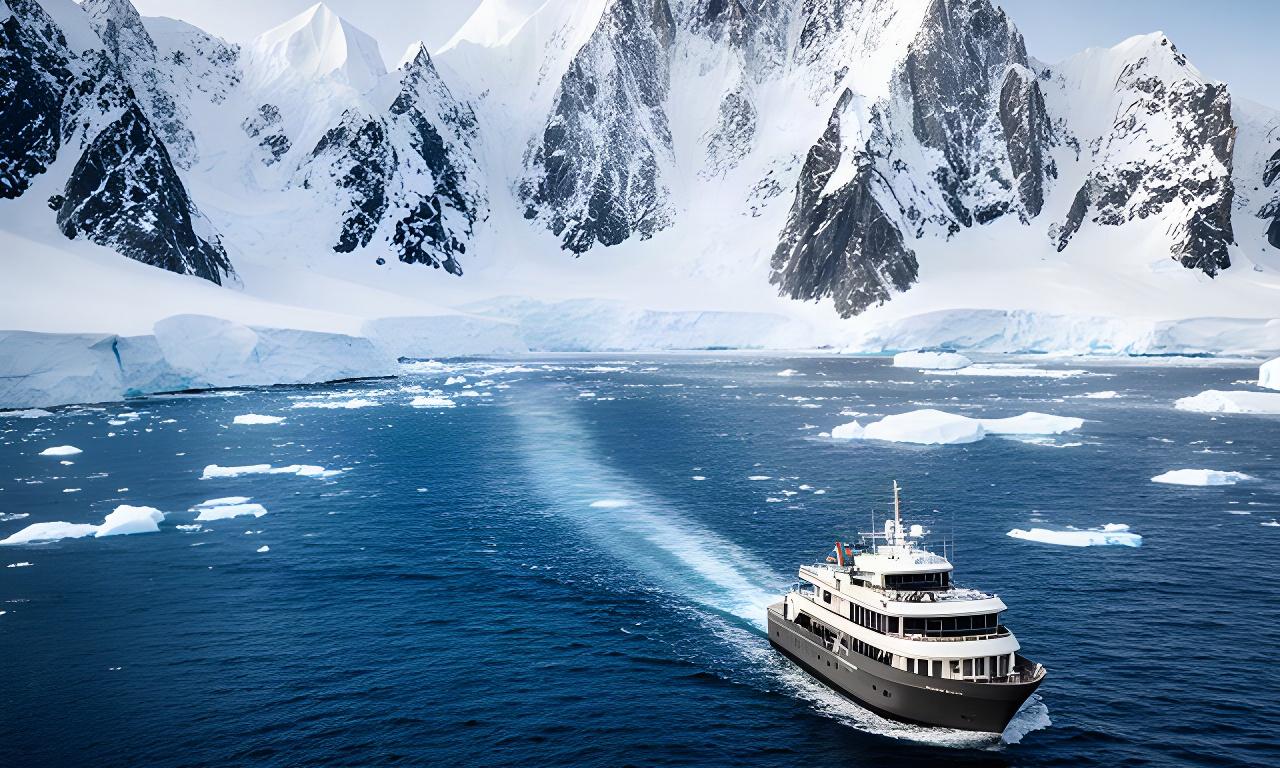 Small expedition ship moving through blue Antarctic water beneath snowy peaks