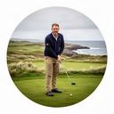 Golf professional preparing a tee shot on a coastal links course in Scotland