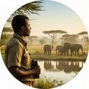 Safari ranger watching elephants beside a Kenyan waterhole