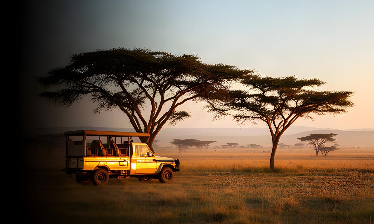 Golden safari vehicle beside acacia trees in Kenya at sunrise