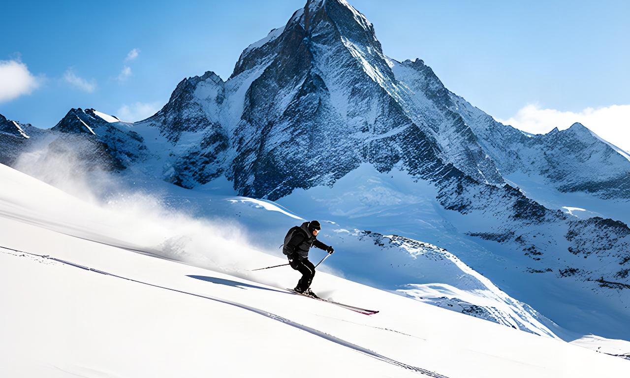 Skier crossing fresh powder beneath a bright alpine ridge in Zermatt